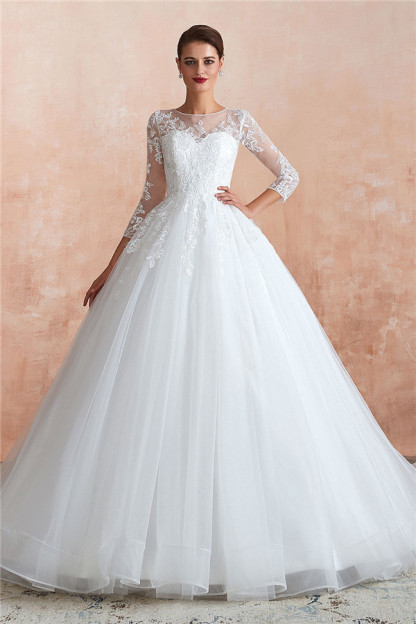 Elegant Long Ball Gown Appliques Lace Tulle Wedding Dress