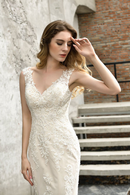 Elegant Long V-neck Mermaid Satin Lace Open Back Wedding Dress