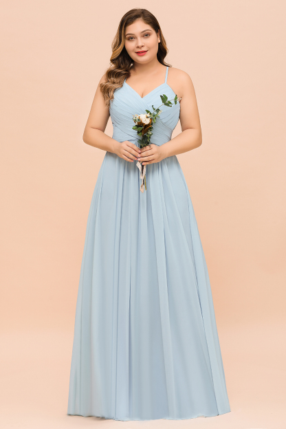 Plus Size Long A-line V-neck Spaghetti Straps Chiffon Sky Blue Bridesmaid Dresses