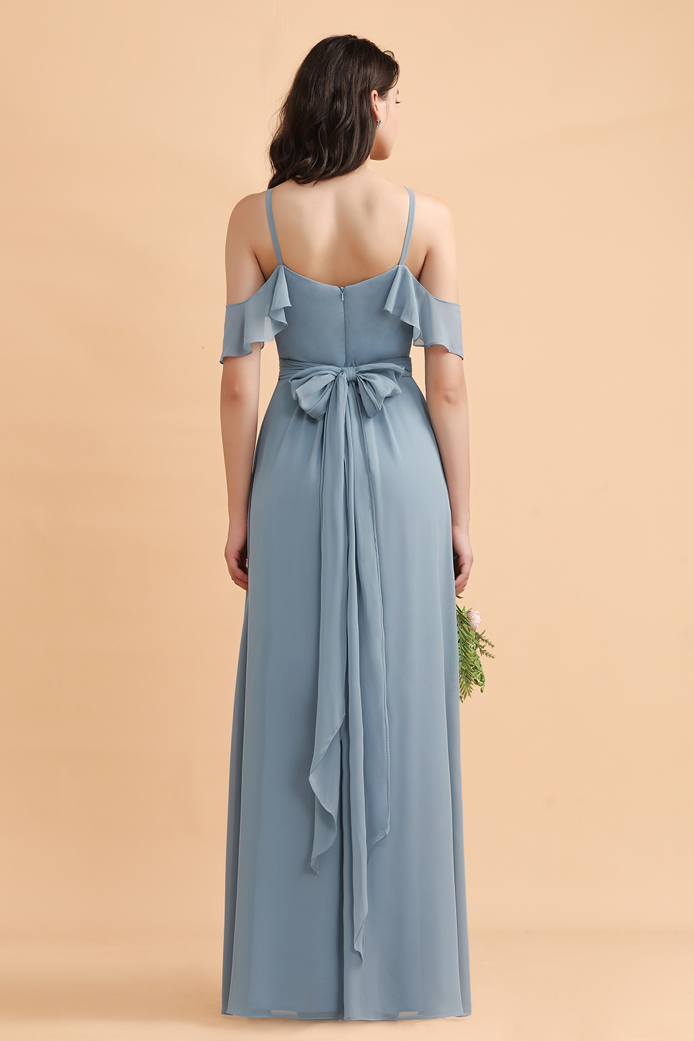 Dusty Blue Off-the-Shoulder A-Line Soft Chiffon Bridesmaid Dress With Pockets