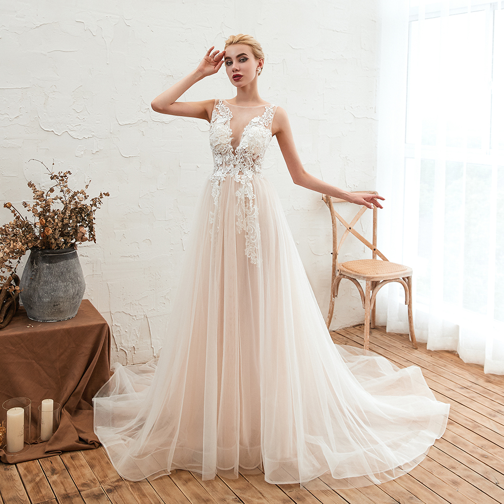 Long A-line Bateau Tulle Open Back Wedding Dress With Floral Lace
