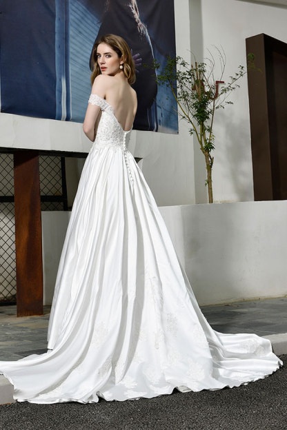 Long A-line Off the Shoulder Appliques Lace Satin Wedding Dress