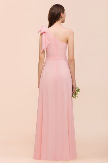 Pink One Shoulder A-Line Soft Chiffon Floor-length Bridesmaid Dress With Bowknot