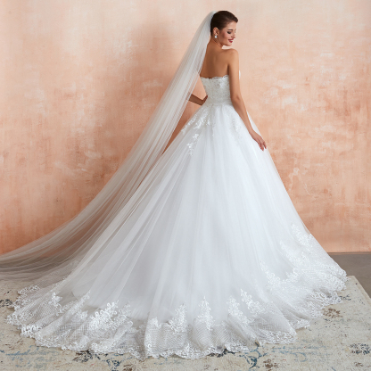 Stylish Long A-line Strapless Appliques Tulle Wedding Dress