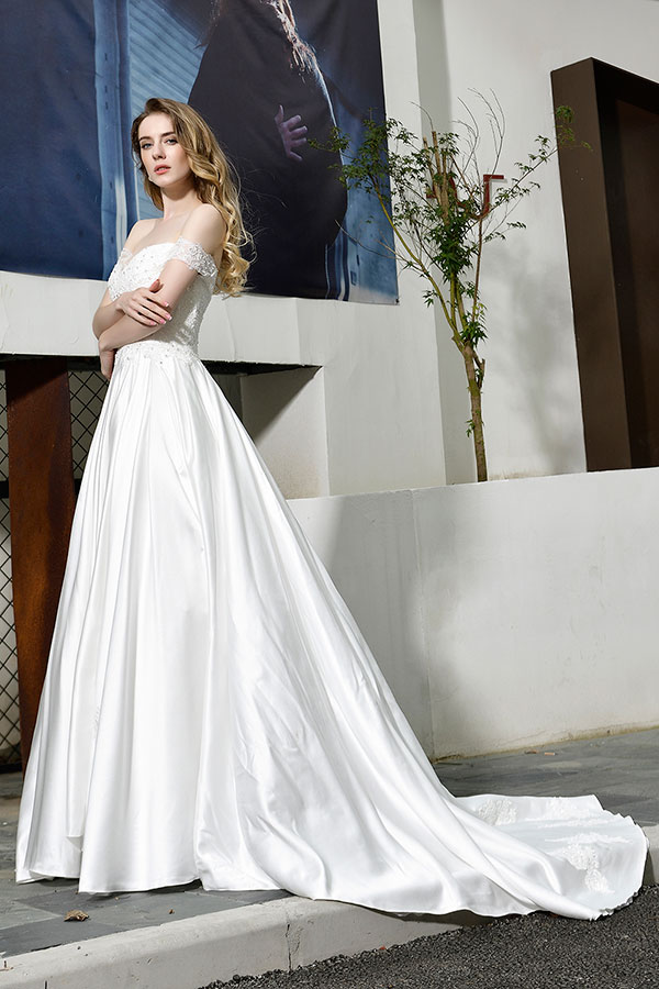 Long A-line Off the Shoulder Appliques Lace Satin Wedding Dress