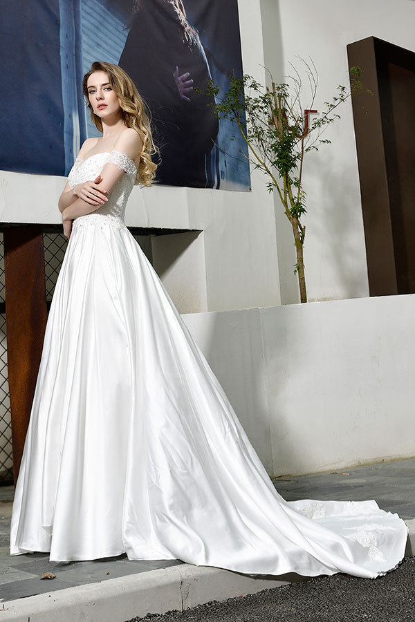 Long A-line Off the Shoulder Appliques Lace Satin Wedding Dress