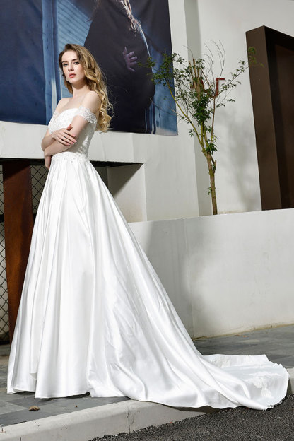 Long A-line Off the Shoulder Appliques Lace Satin Wedding Dress