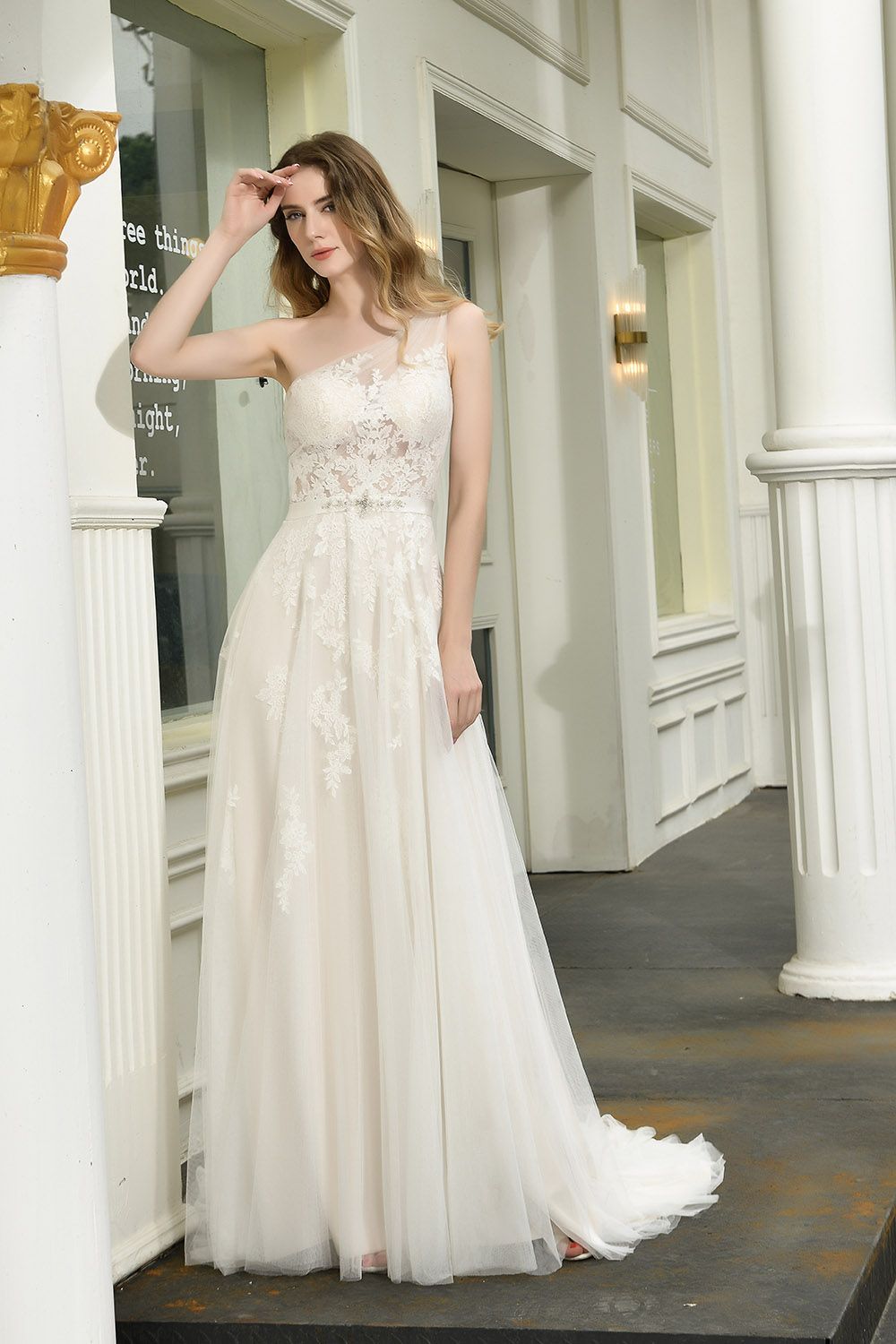 Chic Long One Shoulder Tulle Lace A-Line Wedding Dress
