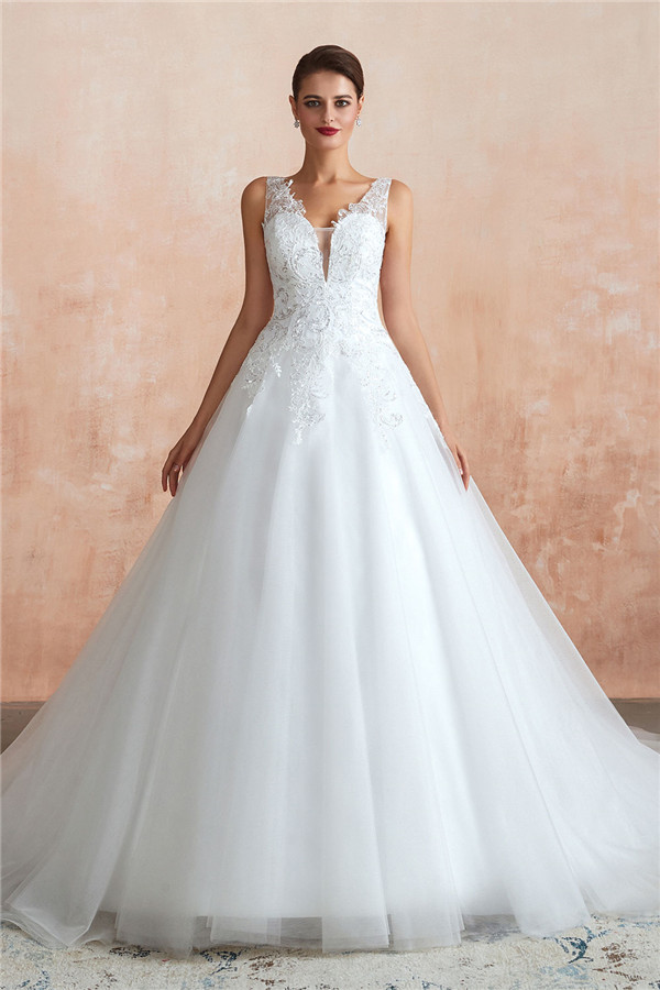 Elegant Long V-neck Appliques Lace Tulle A-line Wedding Dress