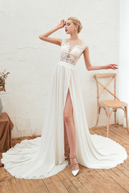 Long Bateau Appliques Lace A-line Chiffon Ruffles Wedding Dress With Side Slit