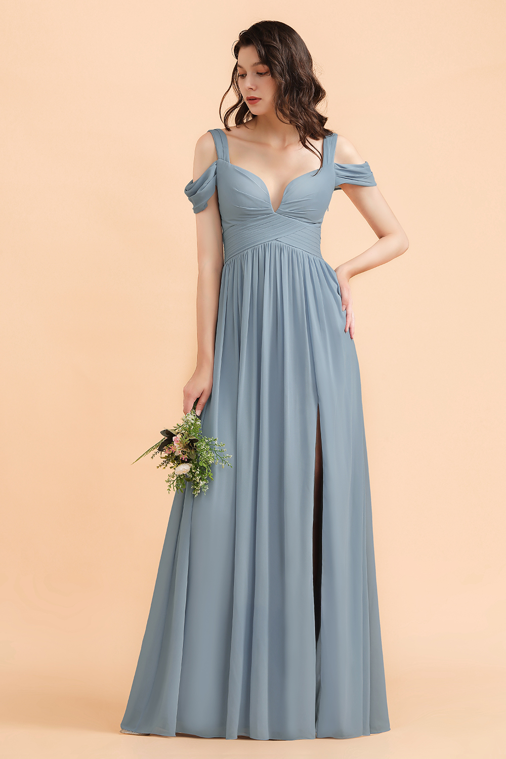 Grey Blue Chiffon Off-the-Shoulder Sweetheart Long Bridesmaid Dress With Side Slit