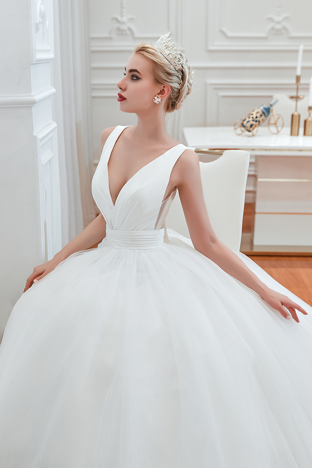 Long A-Line Tulle Wide Straps Deep V-neck Floor-length Wedding Dress