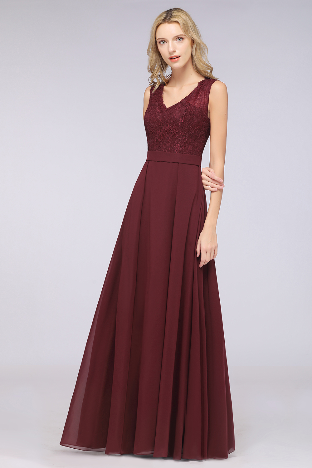 A-Line Chiffon Lace V-Neck Sleeveless Floor-Length Bridesmaid Dress