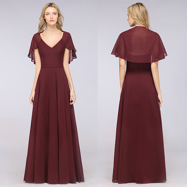 A-Line Chiffon Satin V-Neck short-sleeves Floor-Length Bridesmaid Dress