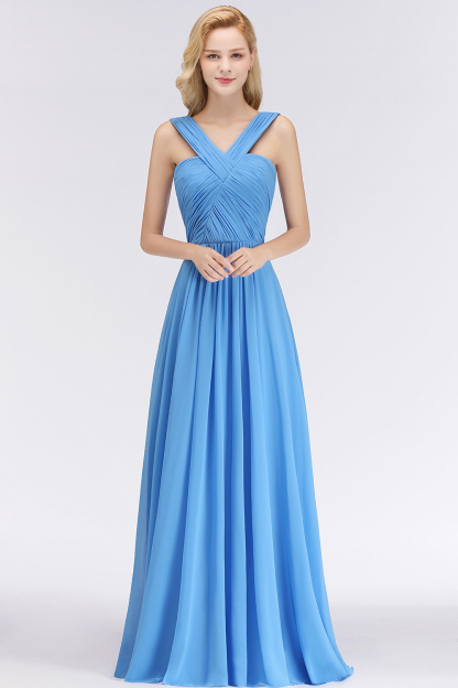 A-Line Chiffon Straps Sleeveless Ruffles Floor Length Bridesmaid Dresses