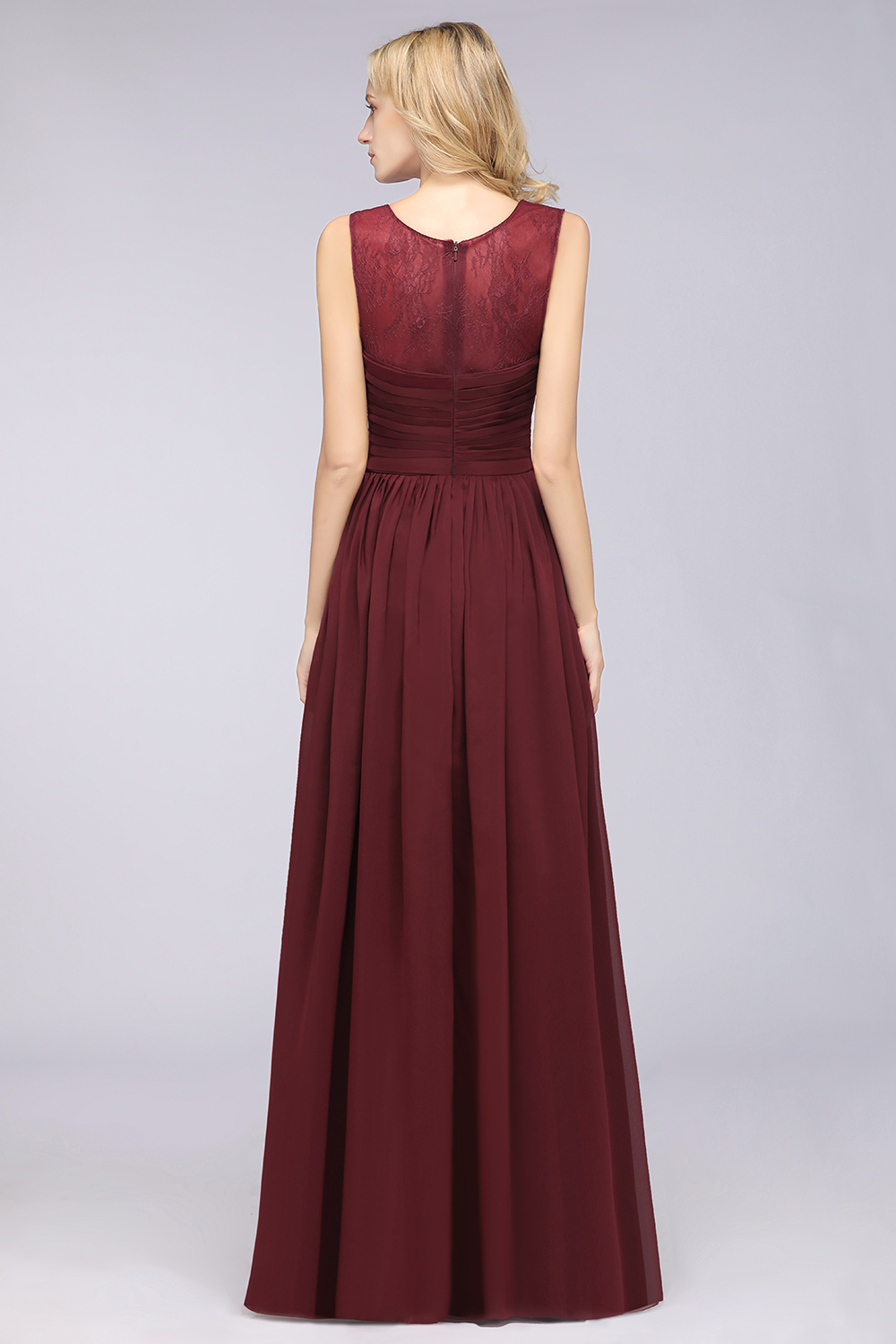 A-Line Chiffon Tulle Lace Scoop Sleeveless Floor-Length Bridesmaid Dress with Ruffle