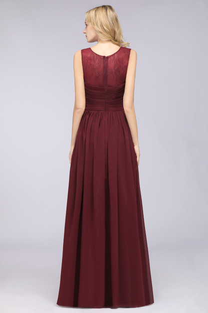 A-Line Chiffon Tulle Lace Scoop Sleeveless Floor-Length Bridesmaid Dress with Ruffle