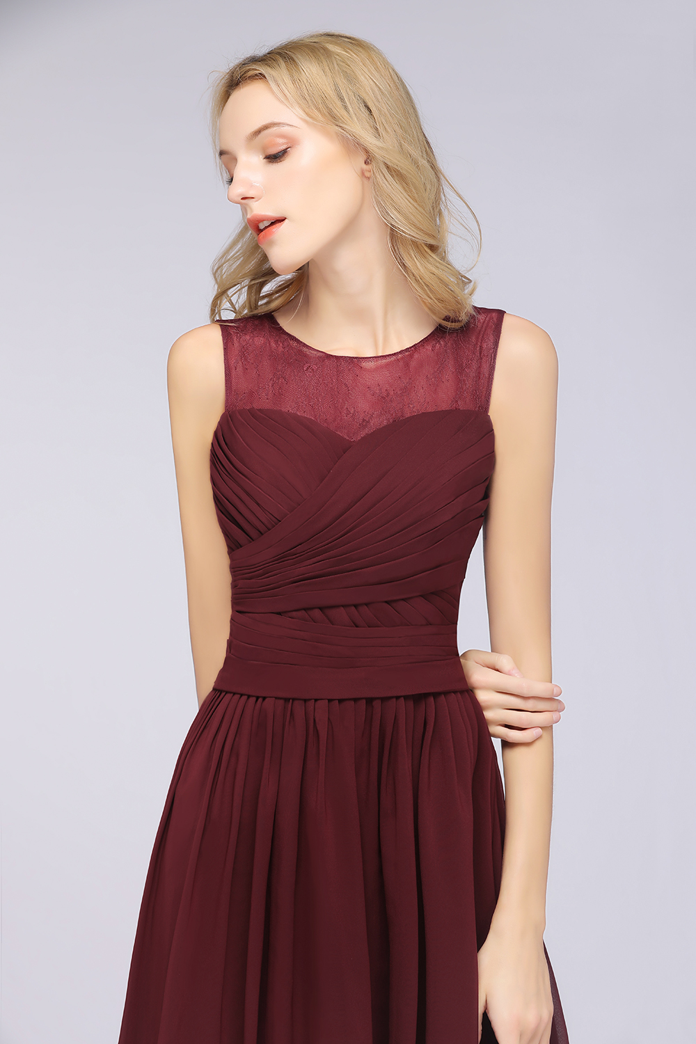 A-Line Chiffon Tulle Lace Scoop Sleeveless Floor-Length Bridesmaid Dress with Ruffle