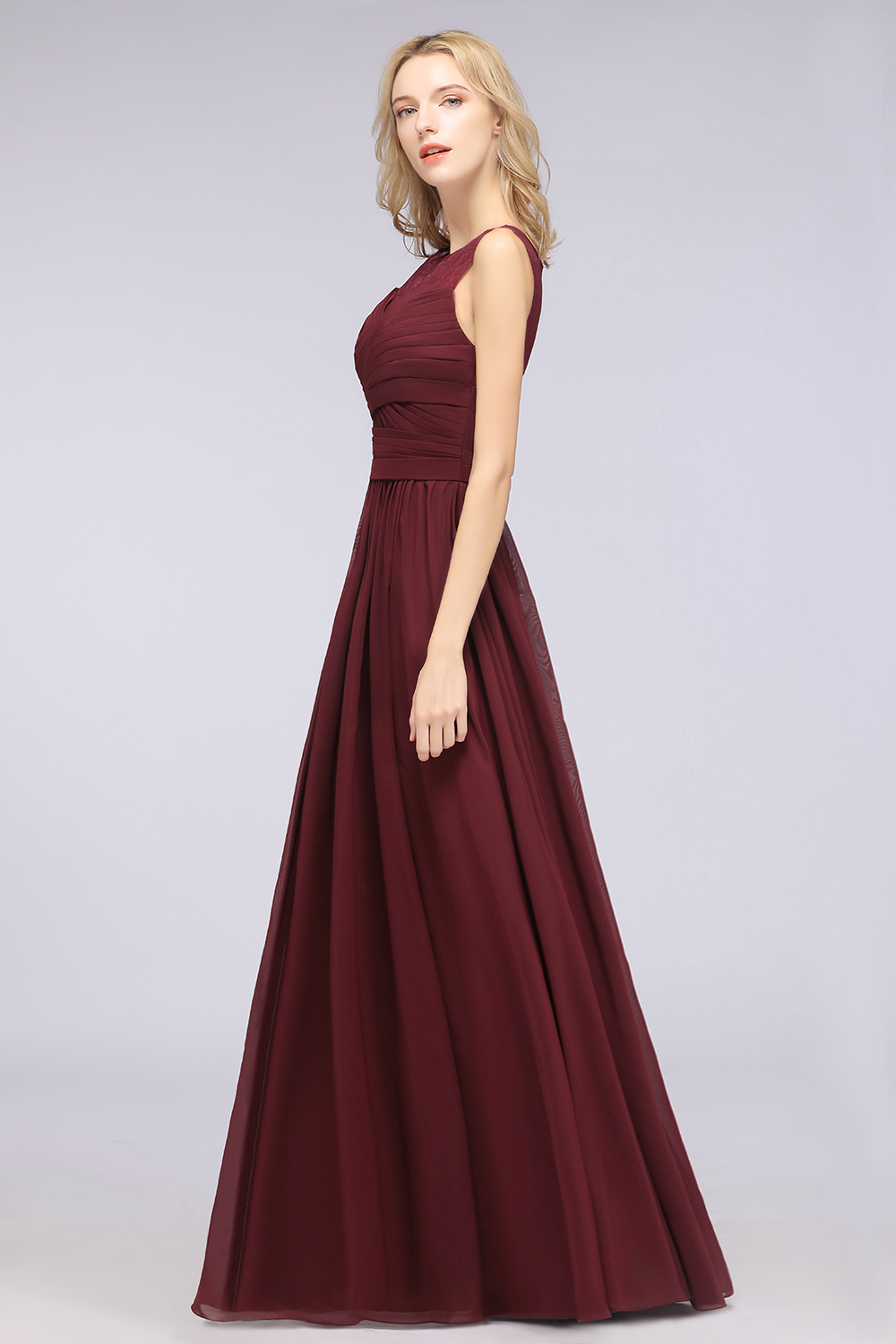 A-Line Chiffon Tulle Lace Scoop Sleeveless Floor-Length Bridesmaid Dress with Ruffle