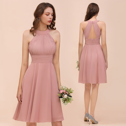 Affordable Short A-line Round Neck Ruffle Chiffon Bridesmaid Dress