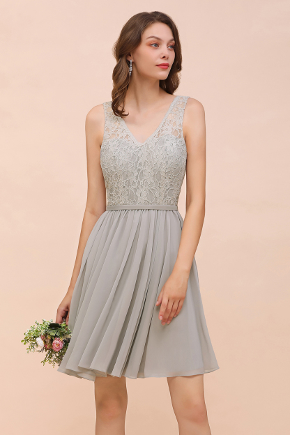 Beautiful Appliques Lace V-neck Wide Straps Short Chiffon A-Line Bridesmaid Dress