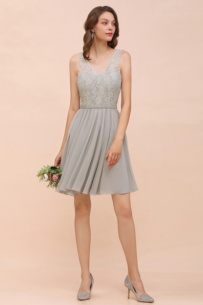 Beautiful Appliques Lace V-neck Wide Straps Short Chiffon A-Line Bridesmaid Dress