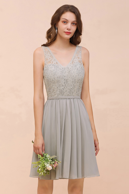 Beautiful Appliques Lace V-neck Wide Straps Short Chiffon A-Line Bridesmaid Dress