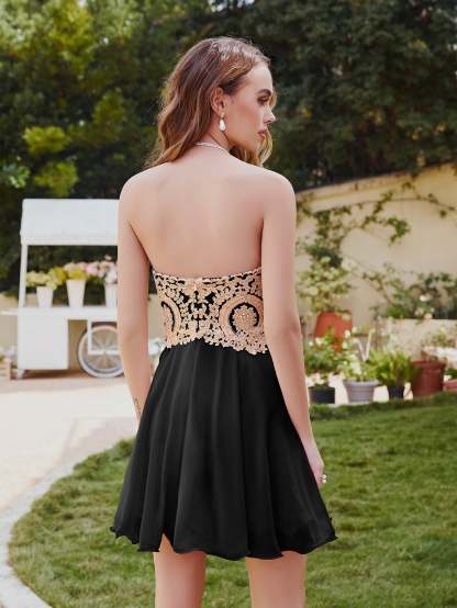 Black Short A-Line Strapless Chiffon Homecoming Dresses with Beadings