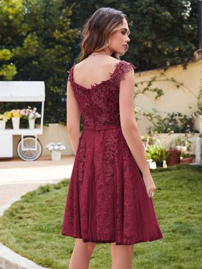 Short Tulle A line Sleeveless Knee Length Burgundy Homecoming Dress