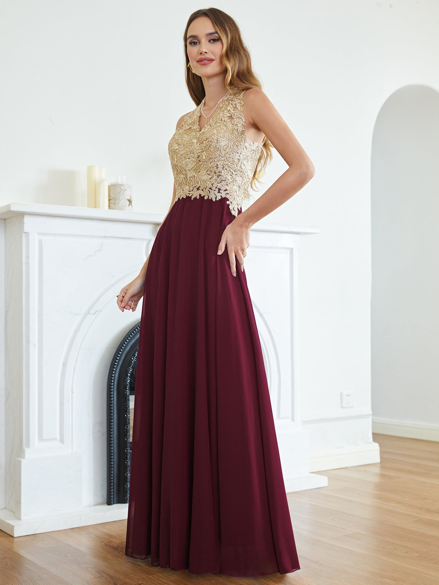 Long A Line Halter Gold Appliques Chiffon Formal Evening Dresses