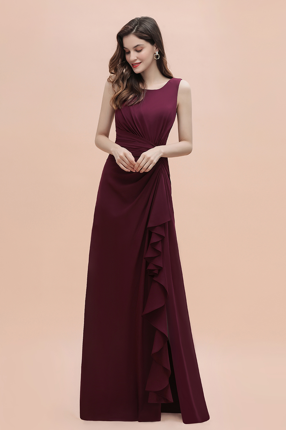 Burgundy Bateau A-Line Backless Ruched Chiffon Bridesmaid Dress With Split
