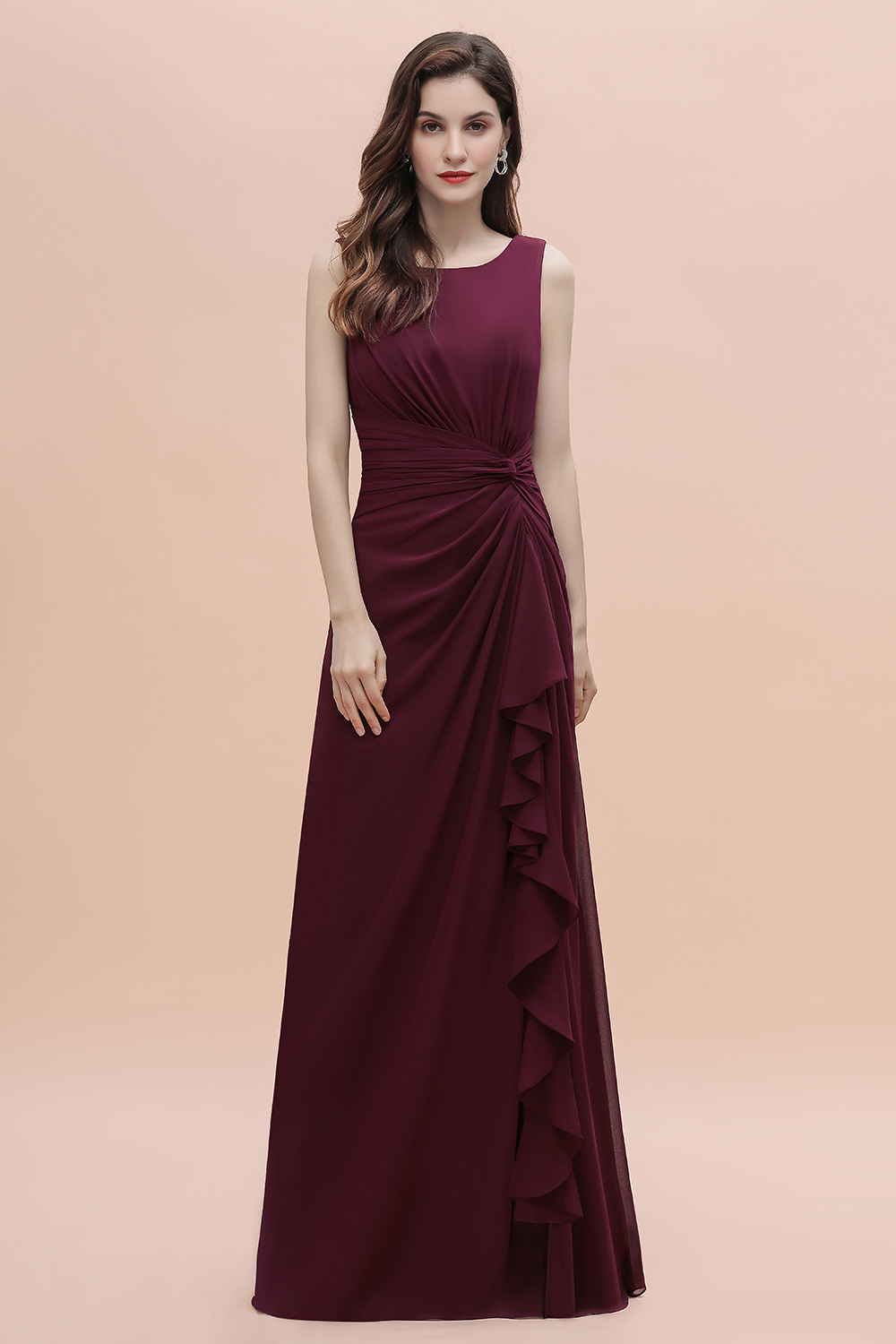 Burgundy Bateau A-Line Backless Ruched Chiffon Bridesmaid Dress With Split