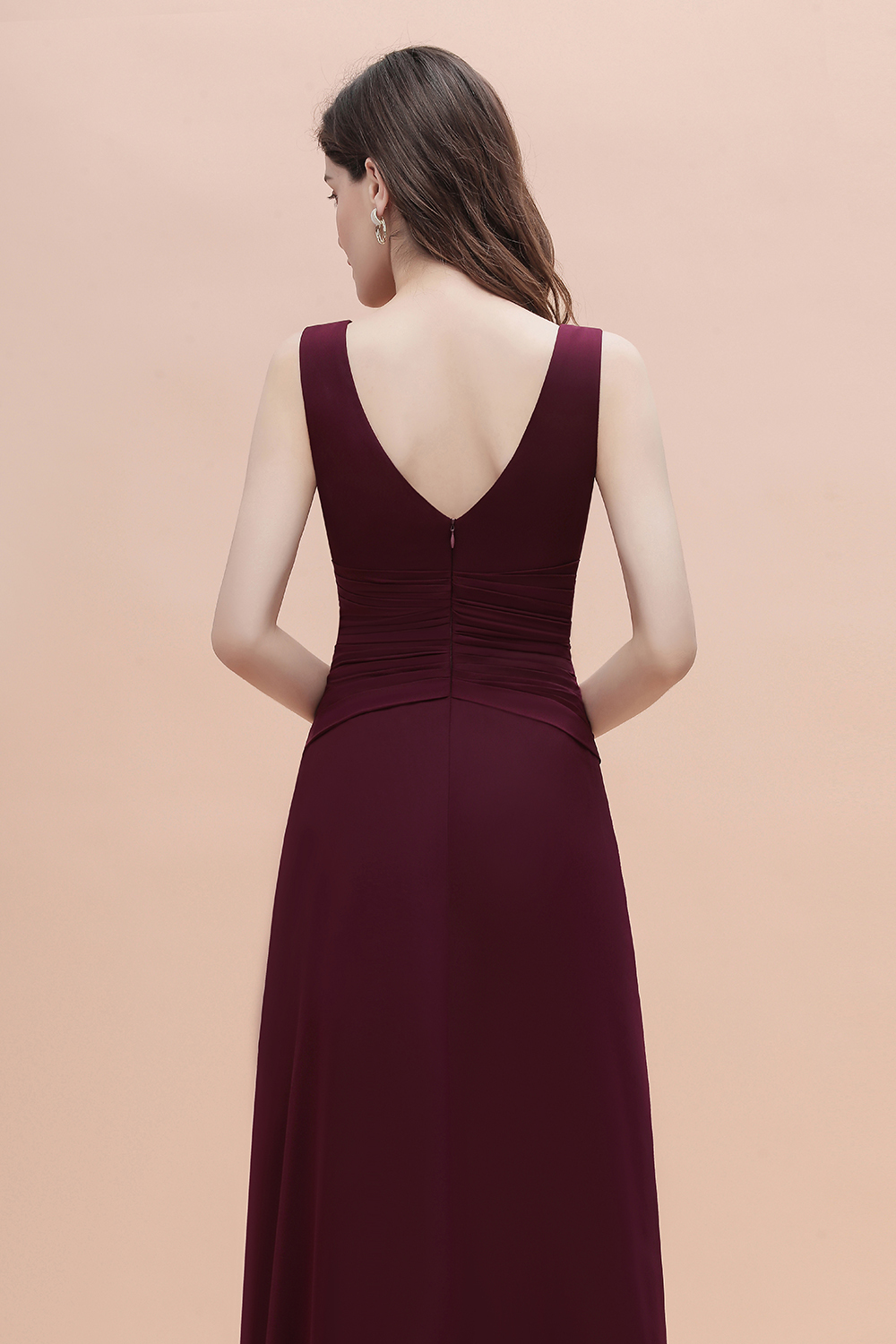 Burgundy Bateau A-Line Backless Ruched Chiffon Bridesmaid Dress With Split