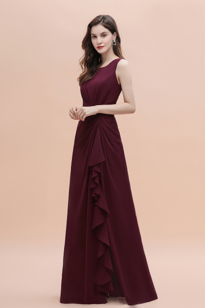 Burgundy Bateau A-Line Backless Ruched Chiffon Bridesmaid Dress With Split