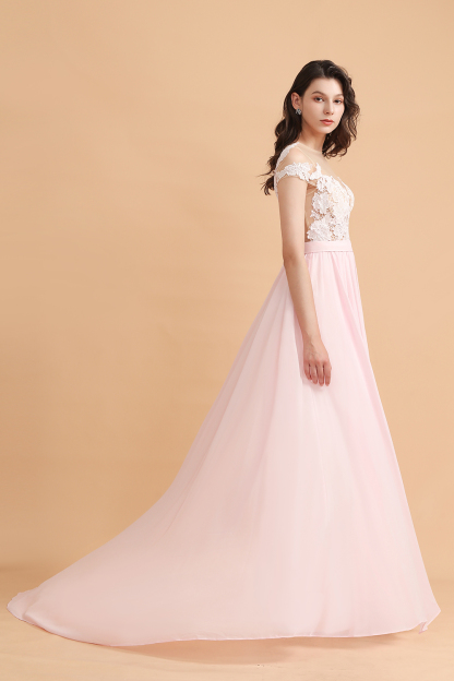 Cap Sleeves Lace Appliques A-Line Chiffon Bridesmaid Dress With Side Slit