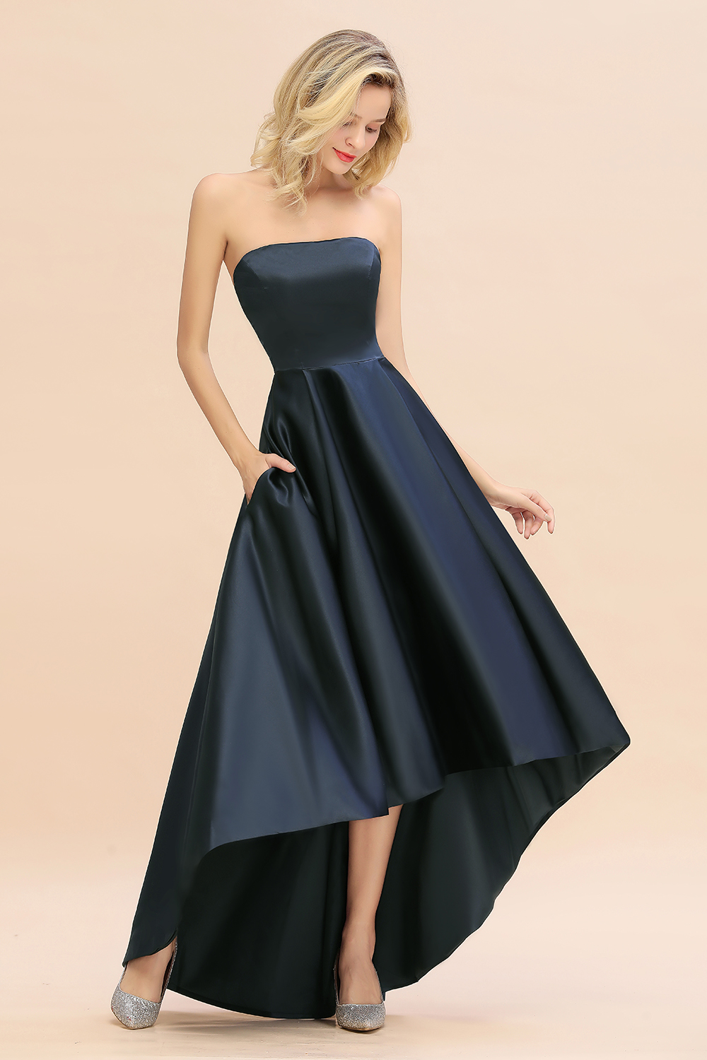 Charming Strapless Backless A-Line High Low Satin Bridesmaid Dress With Pockets