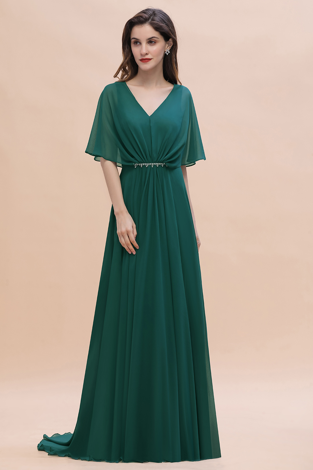 Charming V-neck Short Sleeve A-line Chiffon Bridesmaid Dress With Crystal Embellishment