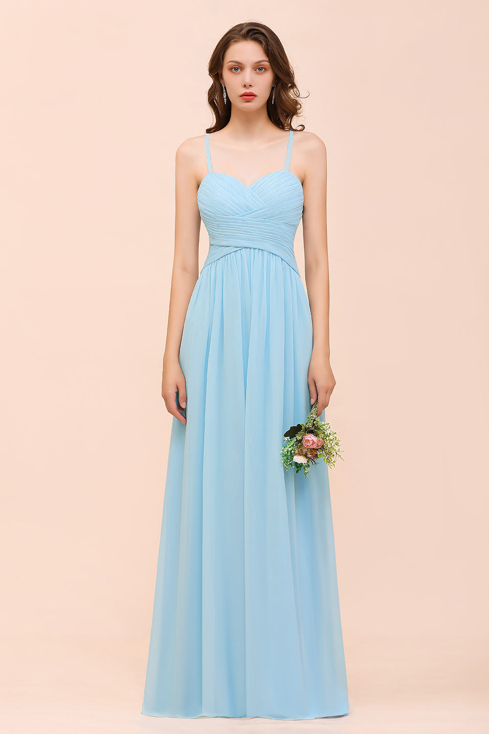 Chic Long Sweetheart Spaghetti Straps Sky Blue Chiffon Bridesmaid Dress with Ruffle
