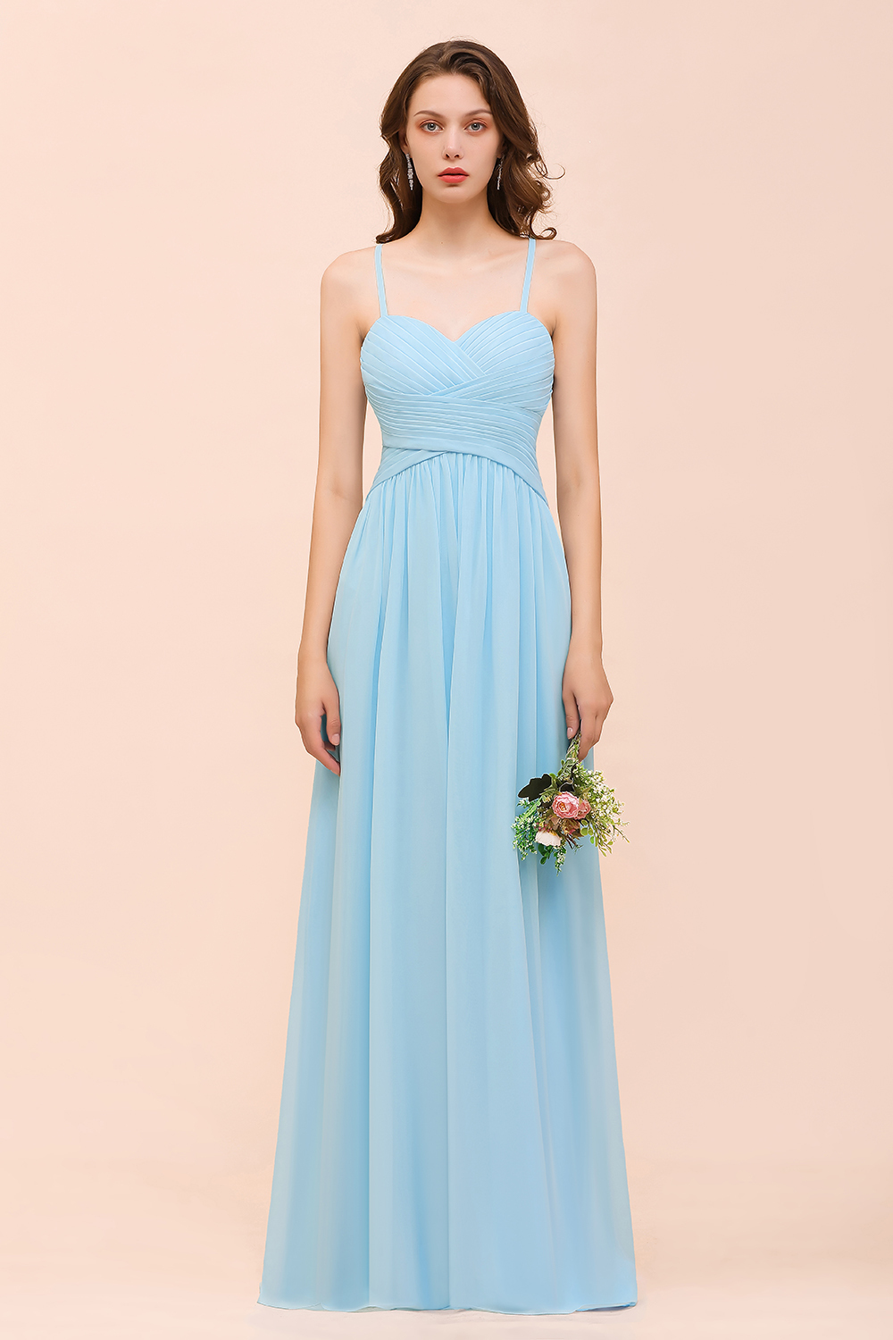 Chic Long Sweetheart Spaghetti Straps Sky Blue Chiffon Bridesmaid Dress with Ruffle