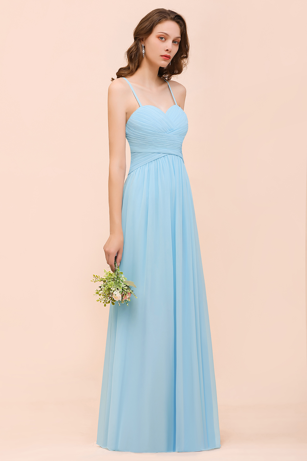 Chic Long Sweetheart Spaghetti Straps Sky Blue Chiffon Bridesmaid Dress with Ruffle