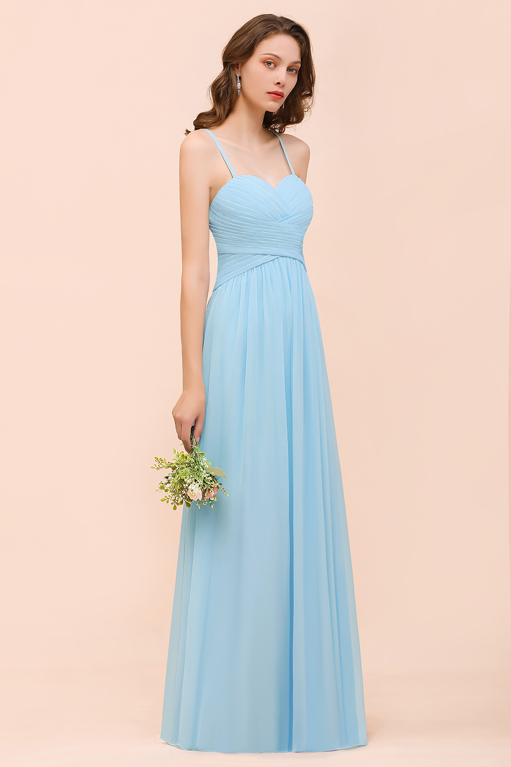Chic Long Sweetheart Spaghetti Straps Sky Blue Chiffon Bridesmaid Dress with Ruffle
