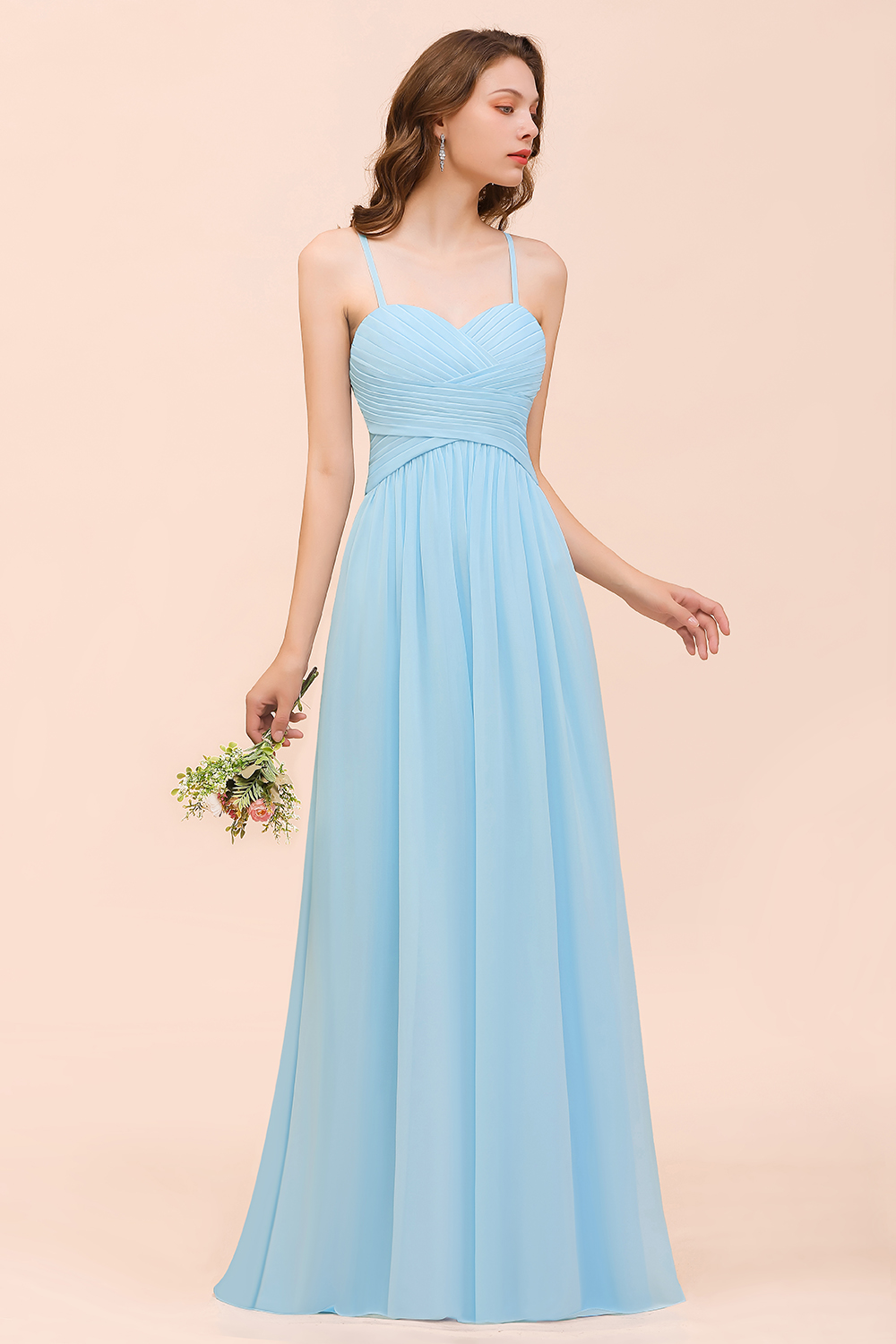 Chic Long Sweetheart Spaghetti Straps Sky Blue Chiffon Bridesmaid Dress with Ruffle