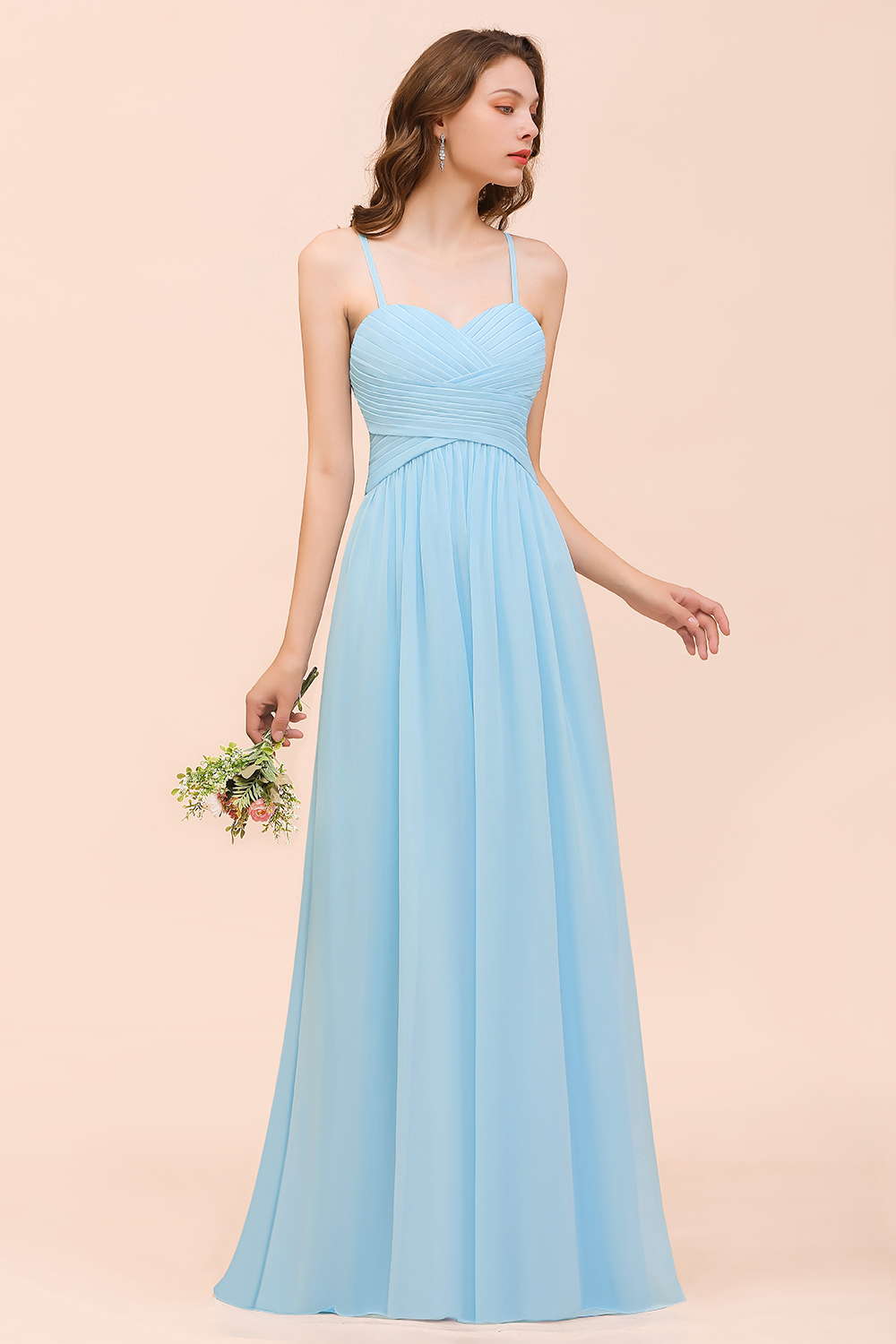 Chic Long Sweetheart Spaghetti Straps Sky Blue Chiffon Bridesmaid Dress with Ruffle
