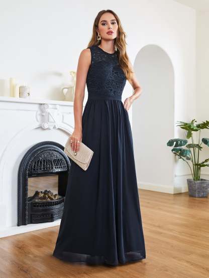 Long A line Crew Neck Floor Length Floral Lace Chiffon Wedding Guest Dress