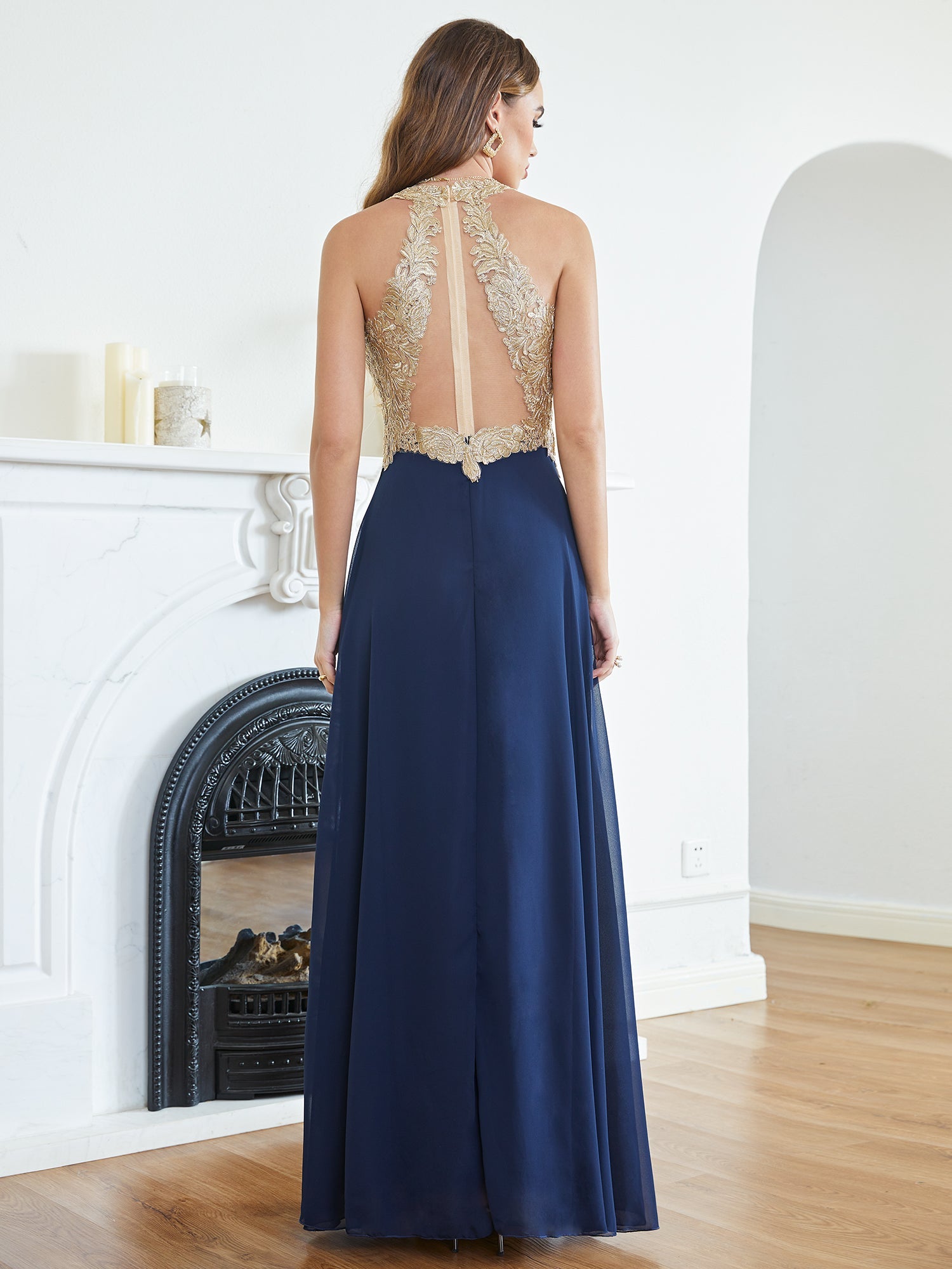 Long A Line Halter Gold Appliques Chiffon Formal Evening Dresses