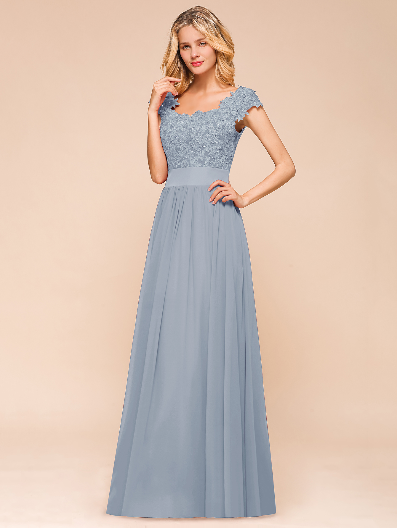 Dusty Blue Long A-line Cap sleeves Lace Bridesmaid Dresses with Appliques