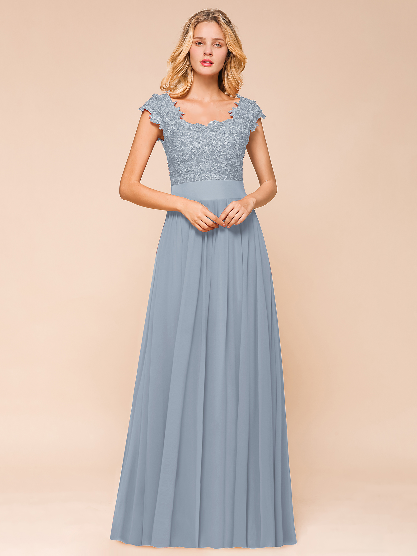 Dusty Blue Long A-line Cap sleeves Lace Bridesmaid Dresses with Appliques
