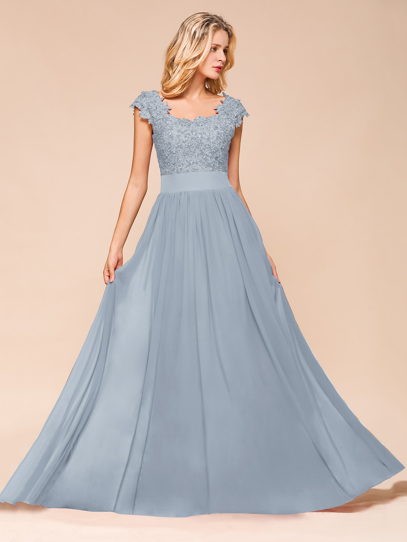 Dusty Blue Long A-line Cap sleeves Lace Bridesmaid Dresses with Appliques
