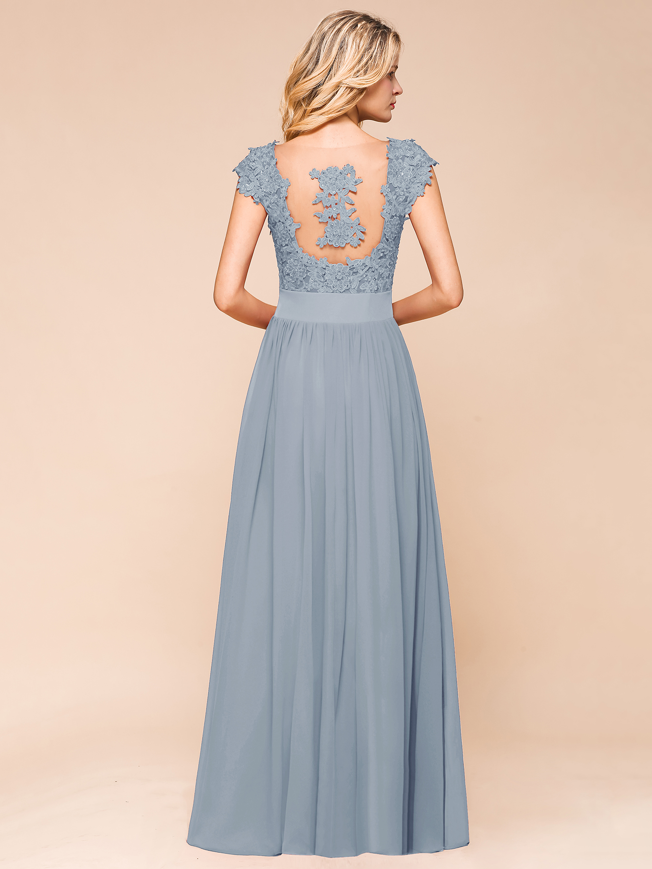 Dusty Blue Long A-line Cap sleeves Lace Bridesmaid Dresses with Appliques