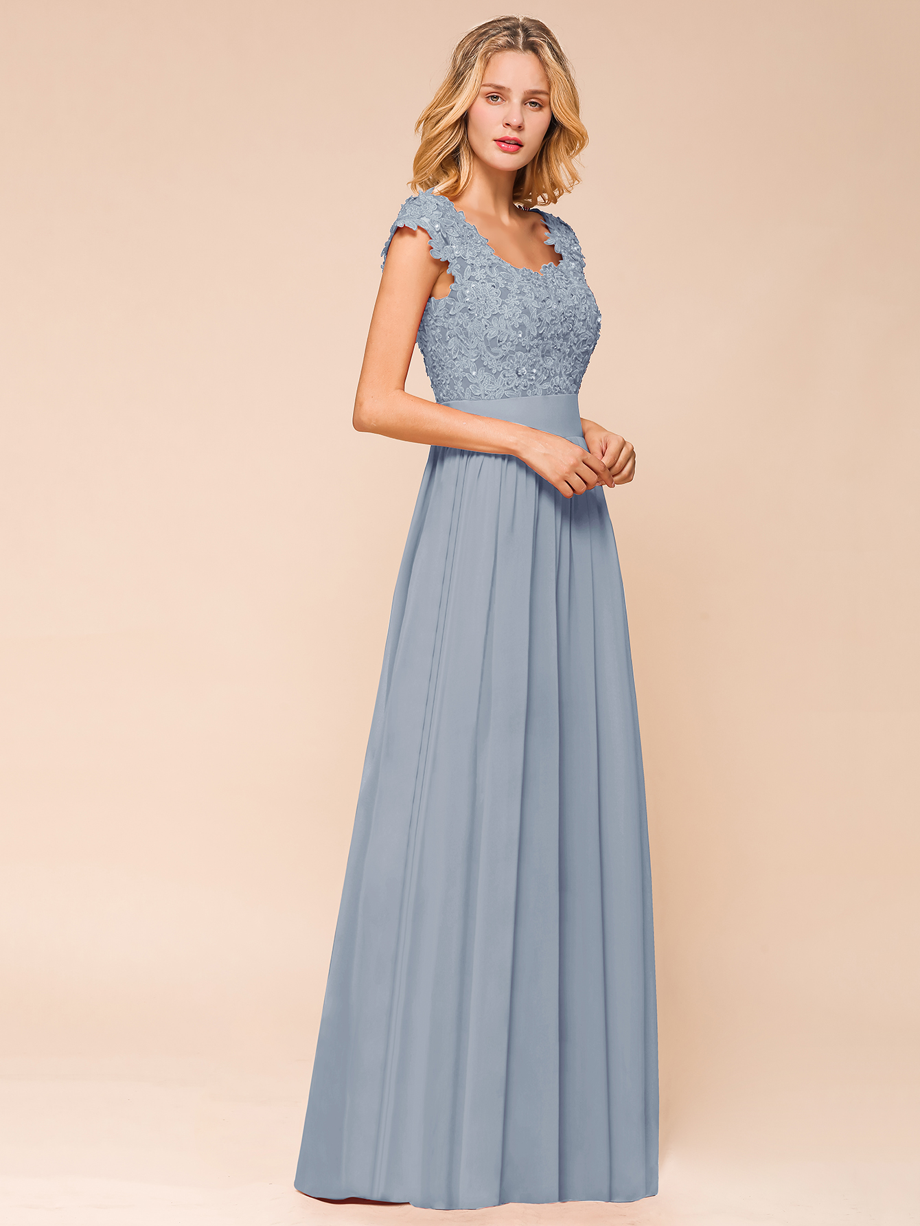 Dusty Blue Long A-line Cap sleeves Lace Bridesmaid Dresses with Appliques